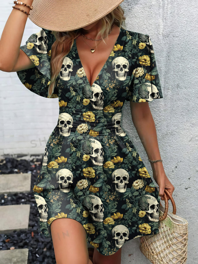 Vintage Halloween Skull Print Butterfly Sleeve V-Neck Waist Dress