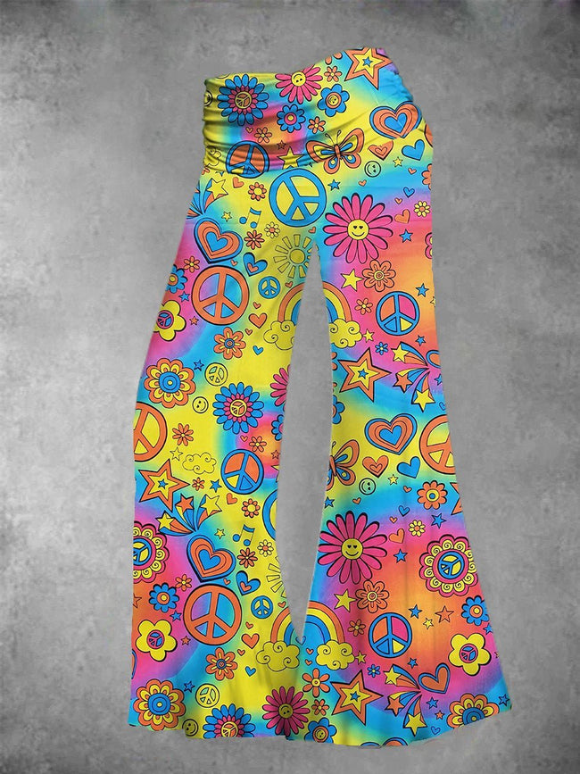 Women's Vintage Peace and Love Hippie Print Wide Leg Pants