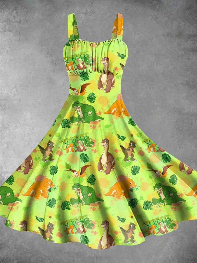 Vintage Cute Little Dinosaur Print Backless Dress