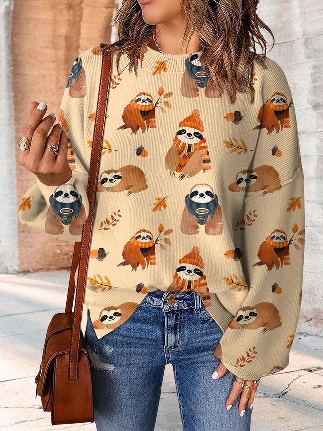 Vintage Lovely Sloth Print Casual Knit Pullover Sweater