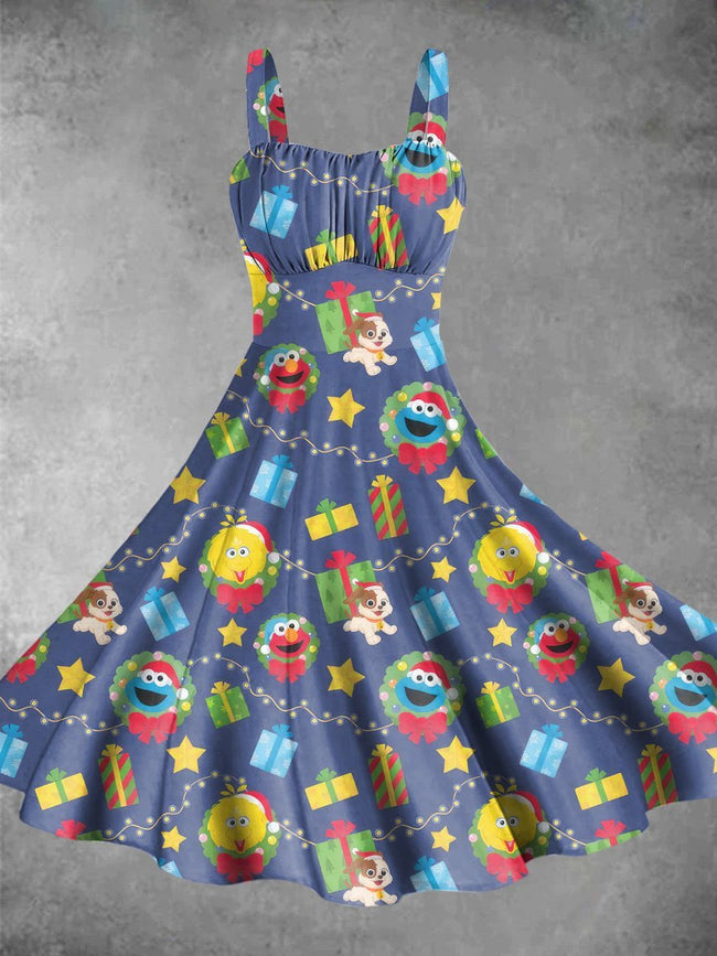 Vintage Christmas Cute Cartoon Print Backless Dress