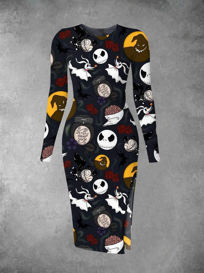 Women's Vintage Halloween Nightmare Print Long Sleeve Crew Neck Midi Dress