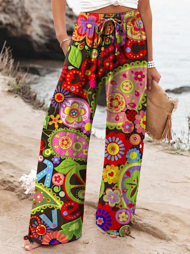 Women's Retro Hippie Paisley Peace Floral Art Printed Casual Pants