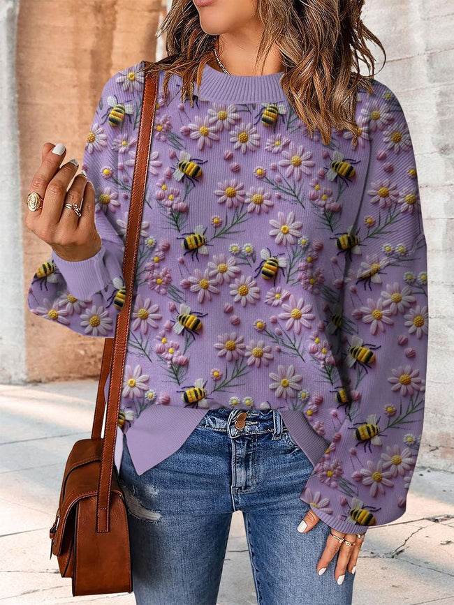 Bee Embroidery Print Casual Knit Pullover Sweater