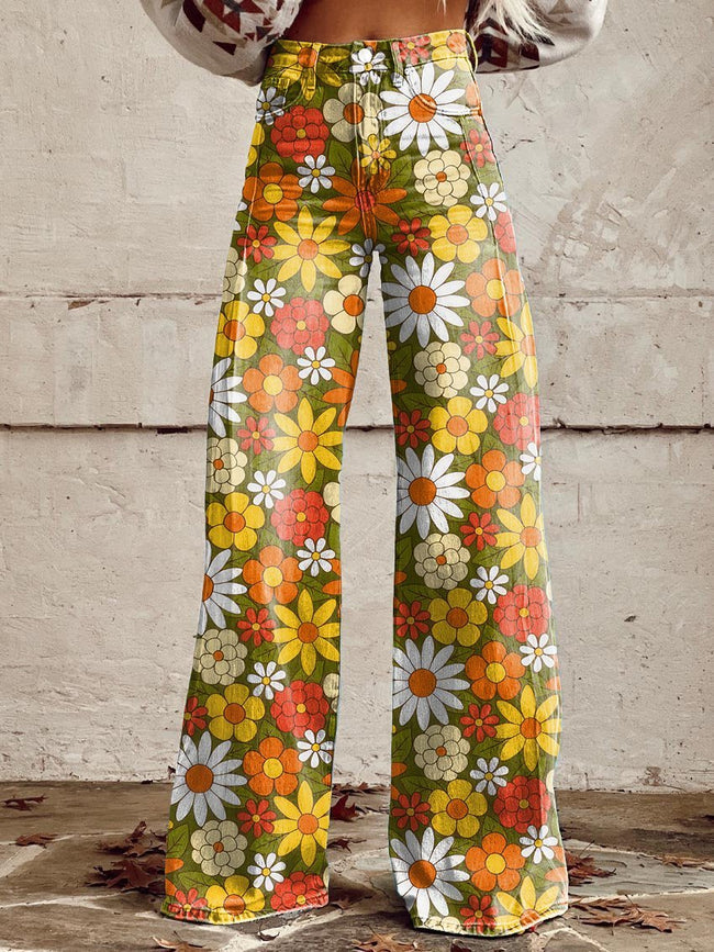 Women's Retro Flower Print Casual Wide Leg Pants
