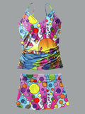 V-Neck Hippie Retro Flower Rainbow Print Suspender Skirt Tankini Pantskirt Set Swimsuit