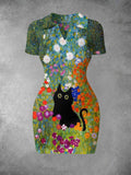 Women's Flowers Cute Cat Art Print Ribbed Bodycon Mini Dress