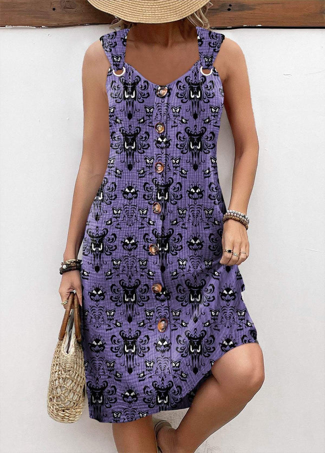 Vintage Halloween Print Sleeveless V Neck Dress