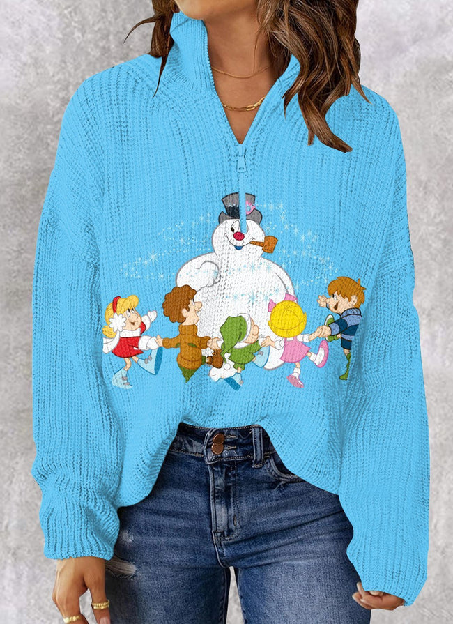 Women's Snowman Print Knit Sweaters 1/4 Zip Polo V Neck Pullover Tops