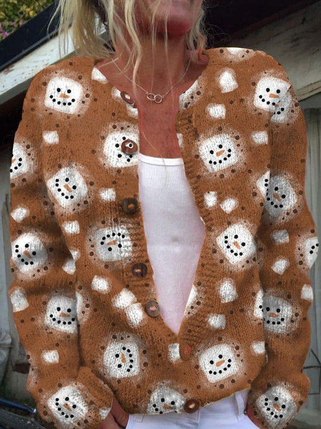 Vintage Snowman Hot Cocoa Print Buttoned Cardigan Sweater