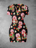 Women's Flowers Cute Cat Art Print Ribbed Bodycon Mini Dress