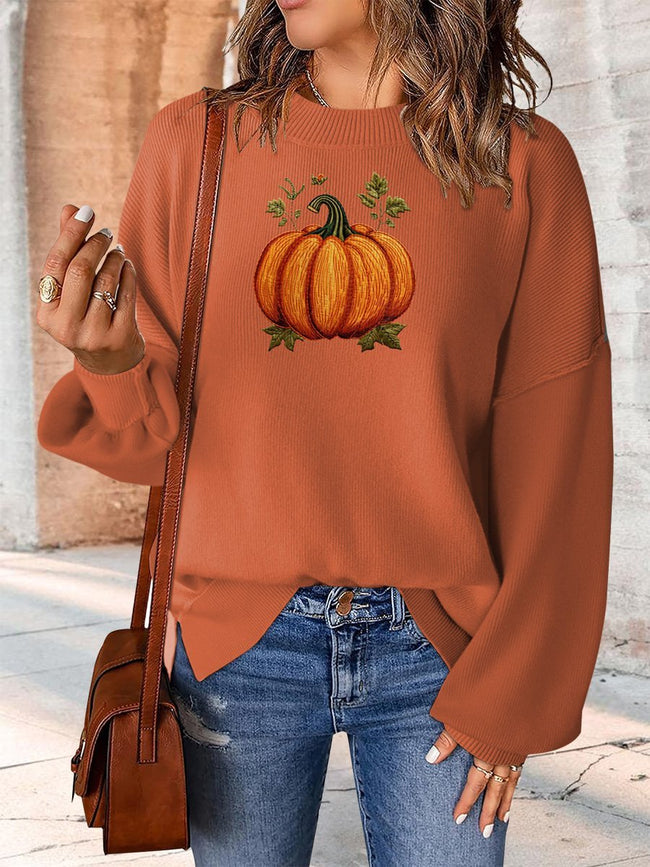 Pumpkin Embroidery Print Casual Knit Pullover Sweater