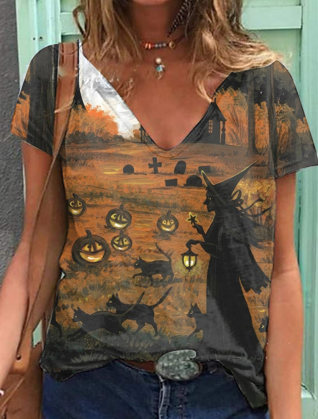 Vintage Witch And Cat Print T-shirt