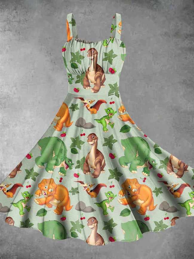 Vintage Dinosaur Print Backless Dress