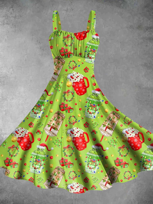 Vintage Christmas Cute Cartoon Print Backless Dress