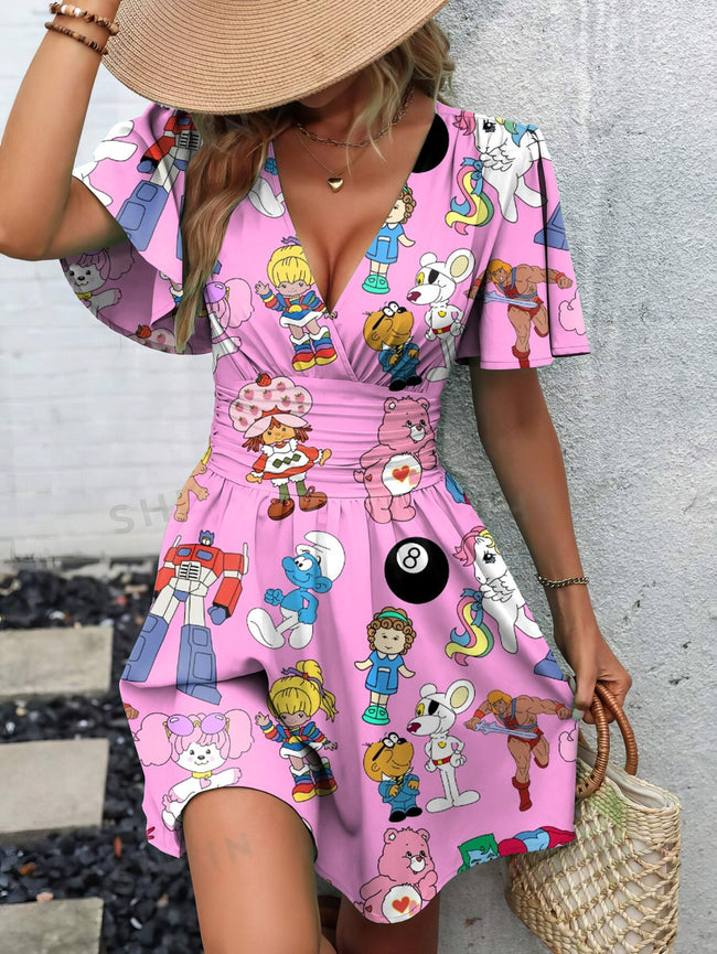 Vintage Cartoon Print Butterfly Sleeve V-Neck Waist Dress