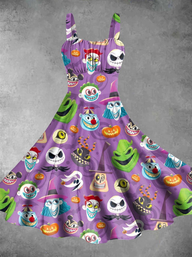 Vintage Cartoon Character Halloween Print Backless Dress