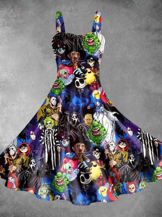 Vintage Halloween Movie Print Backless Dress