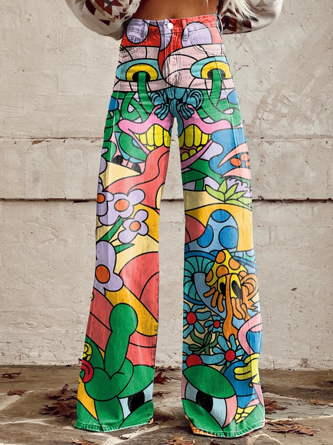 Women's Vintage Colorful Psychedelic Hippie Print Casual Wide Leg Pants