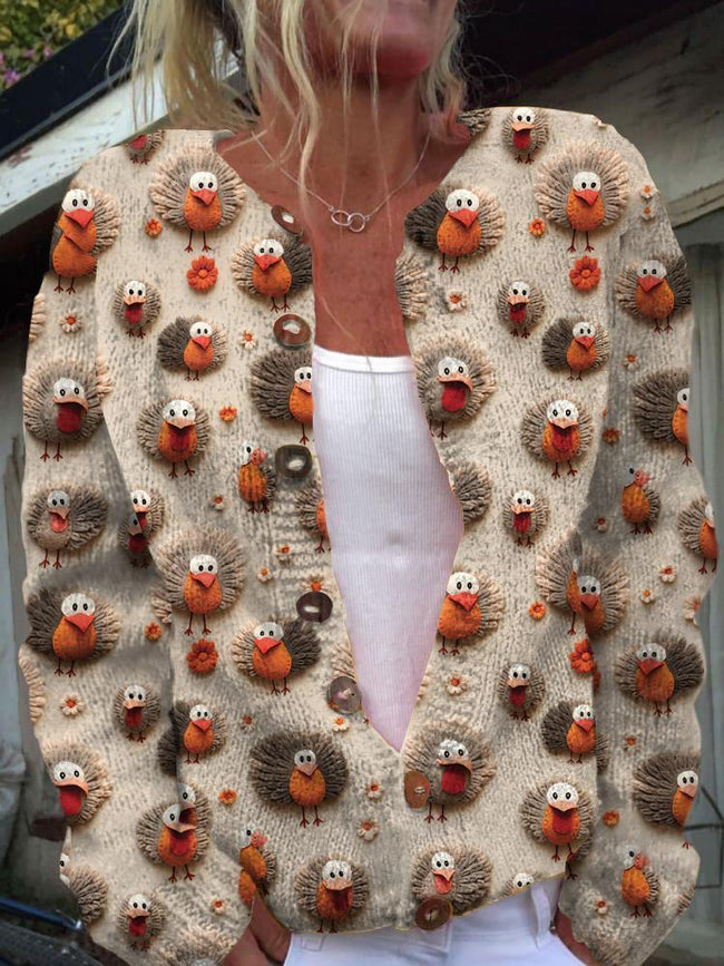 Vintage Crocheted Turkey Print Buttoned Cardigan Sweater