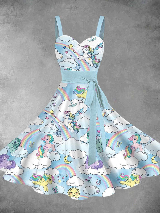 Vintage 1980s MLP Pony Print Ruched Bust Tank Belt Dress