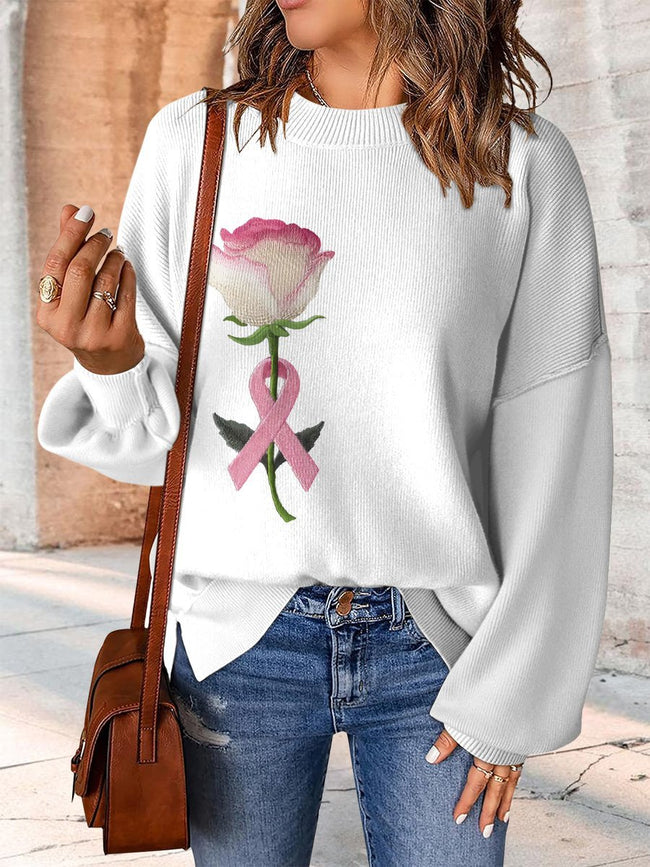 Breast Cancer Awareness Print Casual Knit Pullover Sweater