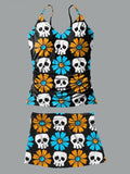 V-Neck Retro Skull Daisy Art Print Suspender Skirt Tankini Pantskirt Set Swimsuit