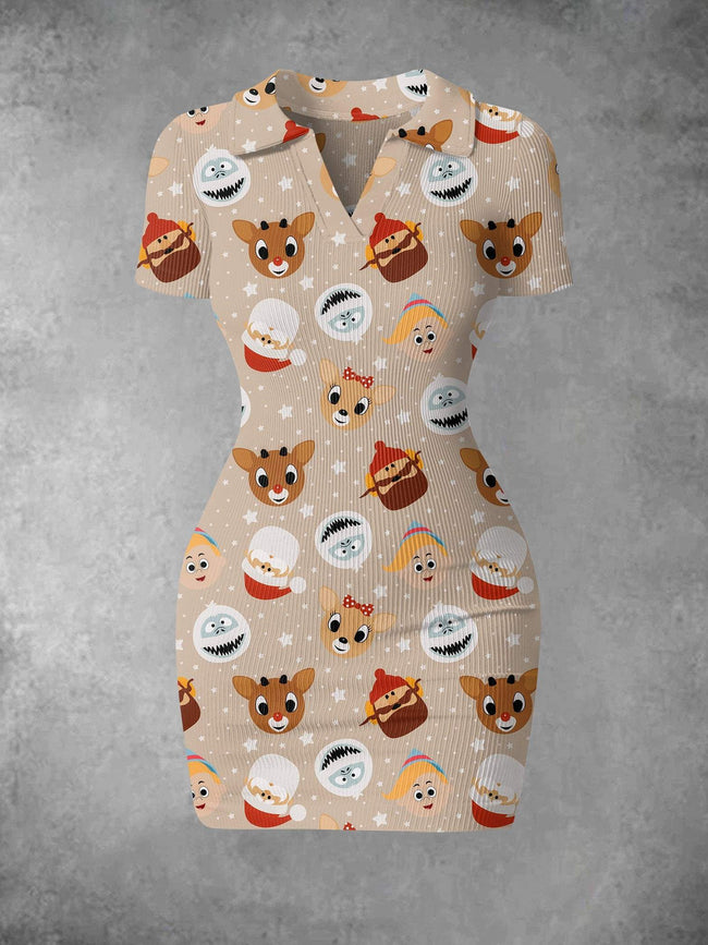 Women's Vintage Christmas Red-Nosed Reindeer Print Ribbed Bodycon Mini Dress