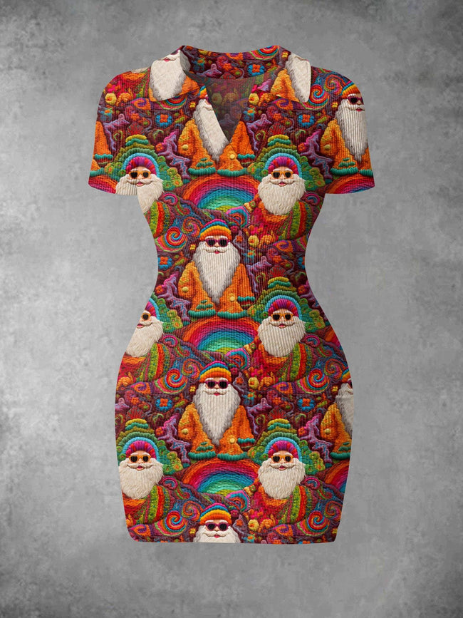 Women's Vintage Rainbow Santa Claus Print Ribbed Bodycon Mini Dress