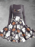 Women's Vintage Ghost Pumpkin Print Two-Piece Dress