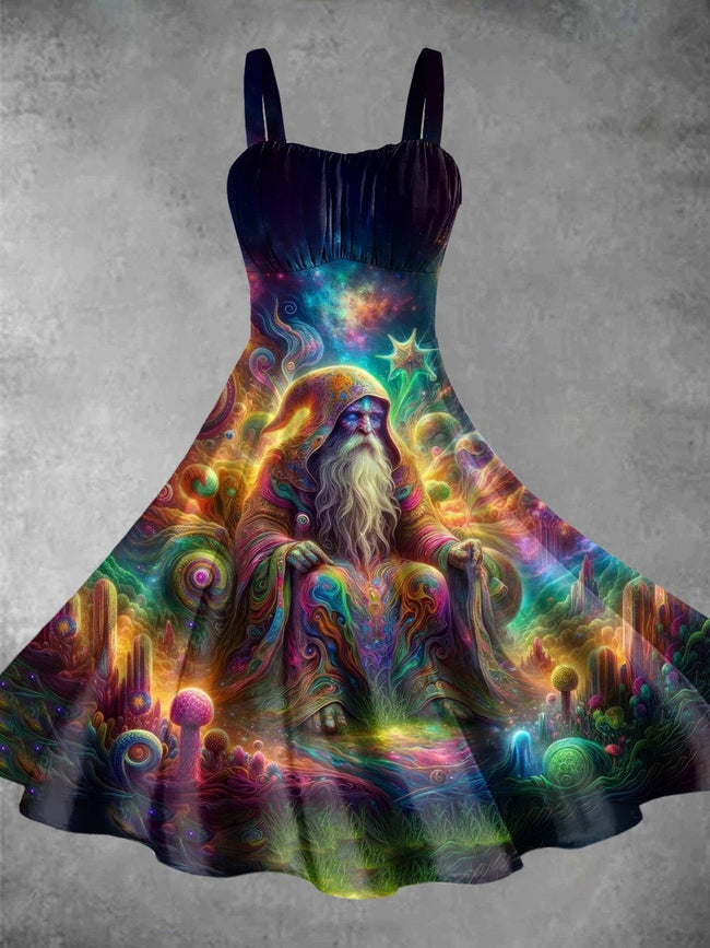 Vintage Mystic Wizard Print Backless Dress