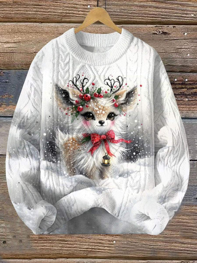 Vintage Cute Little Christmas Deer Print Knitted Woven Crewneck Pullover