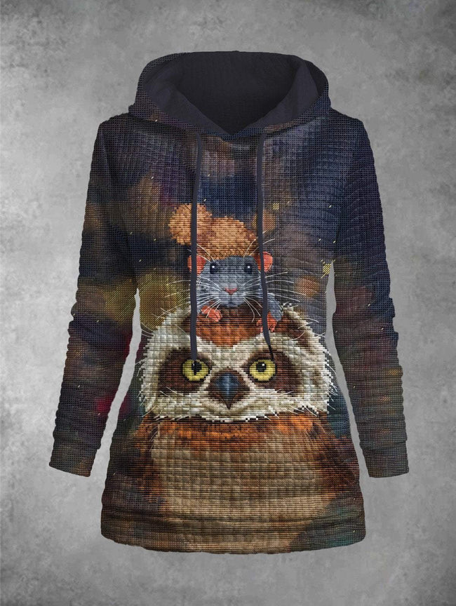 Pixel Art Owl and Mouse Print Graphic Plaid Embossed Hoodie Pocket Hoodie