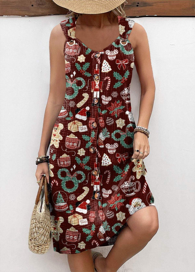 Vintage Christmas Collection Print Sleeveless V Neck Dress