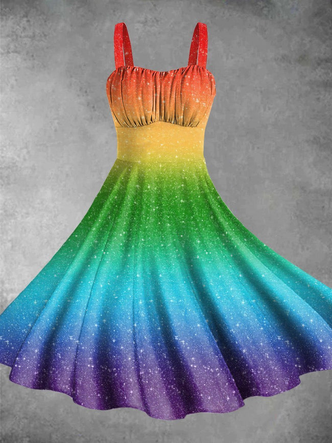 Vintage Rainbow Print Backless Dress