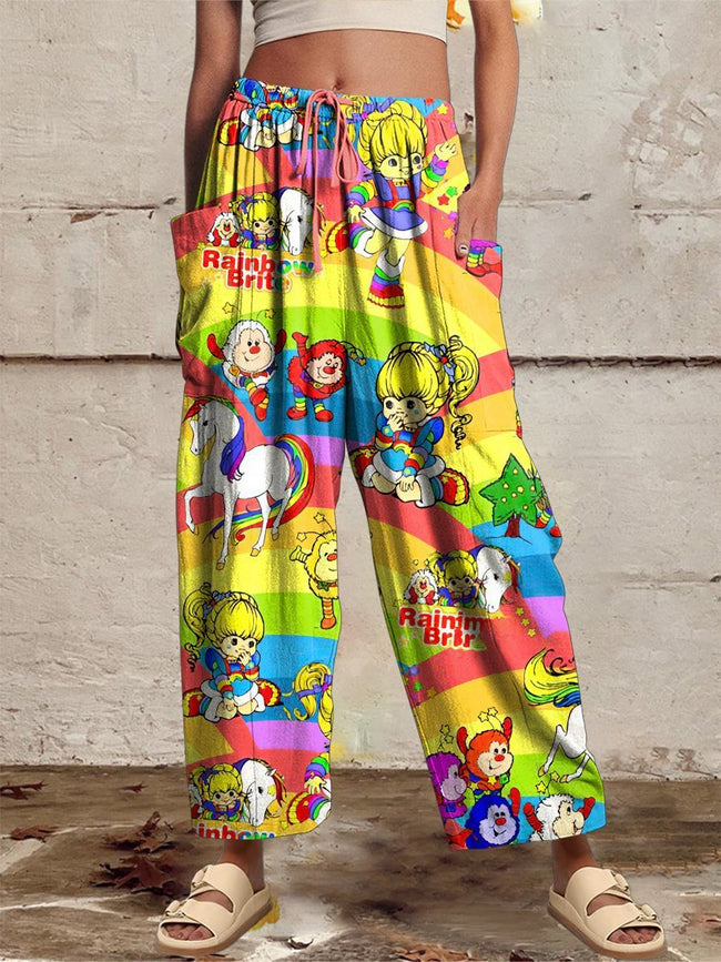 Women‘s Casual 1980s Cartoon Printed Wide Harem Leg Pants