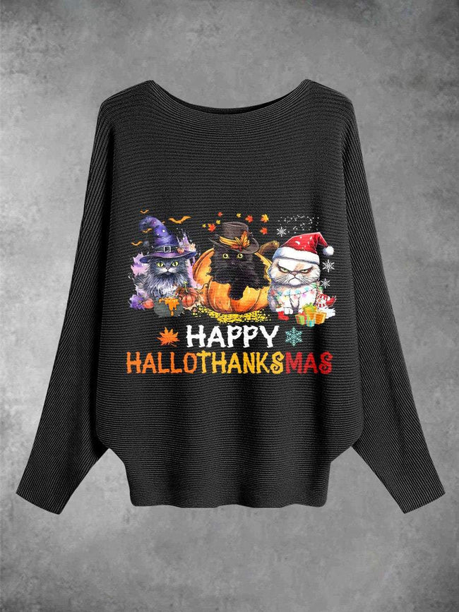 Women's Halloween Cats Printed Boat Neck Bat Sleeve Pullover