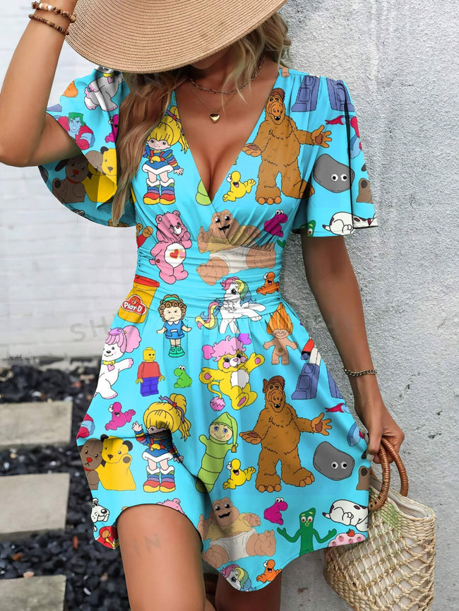 Vintage Cartoon Print Butterfly Sleeve V-Neck Waist Dress