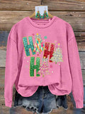 Retro Colorful Coquette Glitter Ho Ho Ho Christmas Tree Print Sweatshirt