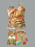 V-Neck Hippie Retro Flower Bus Mushroom Multicolor Print Suspender Skirt Tankini Pantskirt Set Swimsuit
