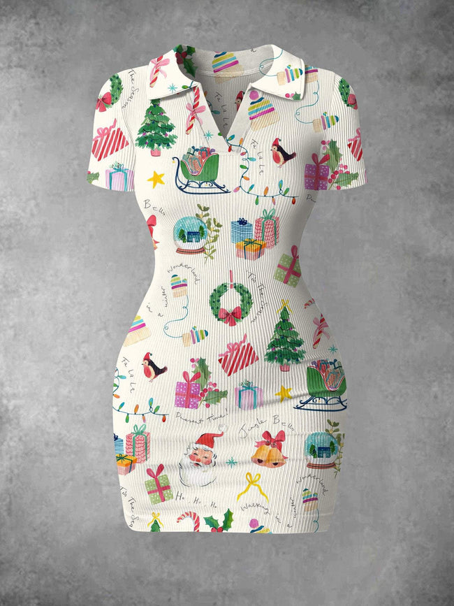 Women's Vintage Merry Christmas Print Ribbed Bodycon Mini Dress