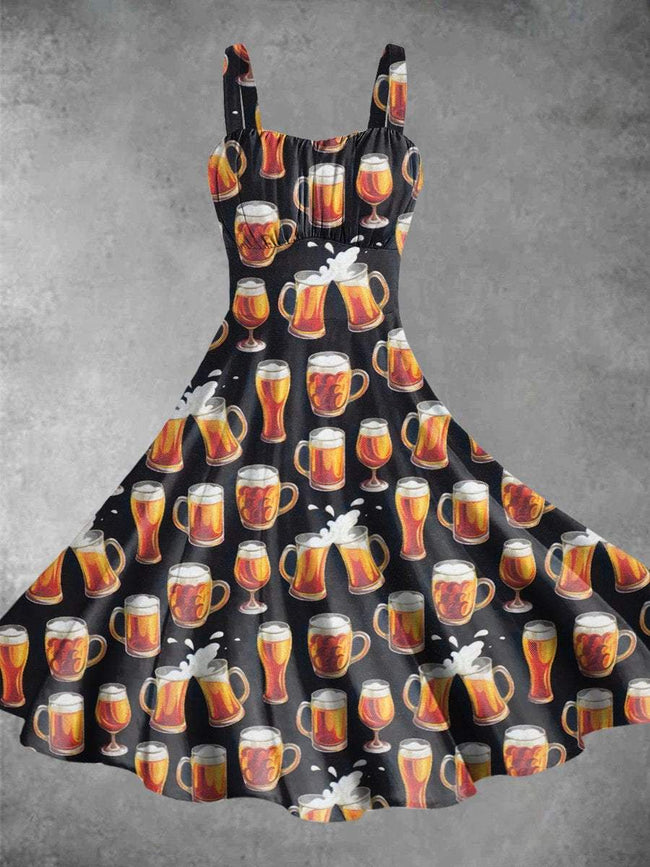 Vintage Beer Print Backless Dress