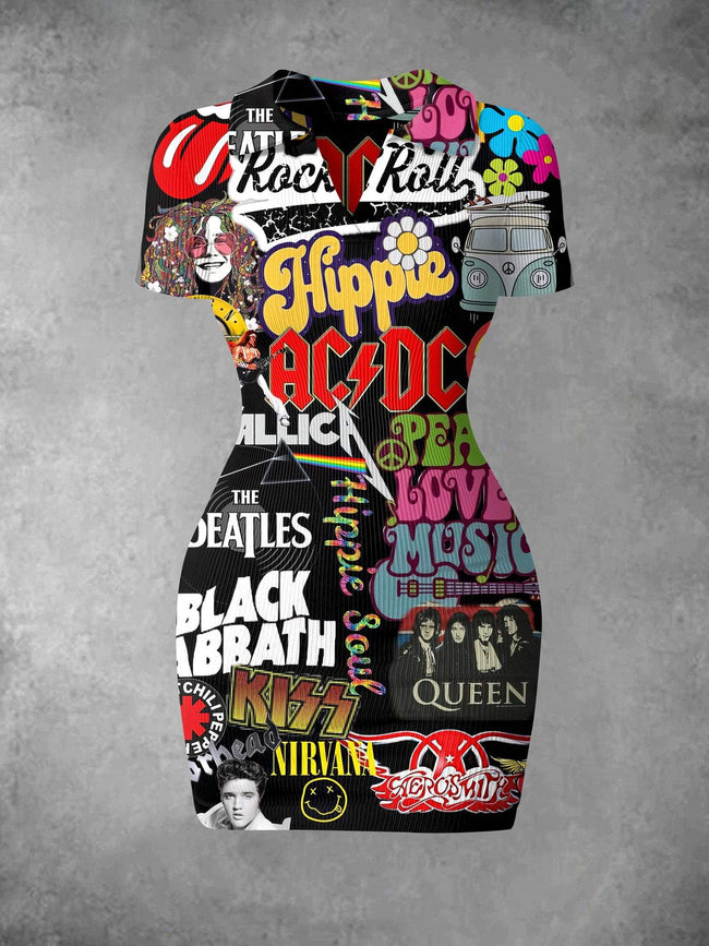 Women's Vintage Rock And Roll Music Print Ribbed Bodycon Mini Dress