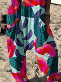 Retro Floral Pattern Hippie Art Print Casual 100% Cotton Wide Leg Jumpsuit