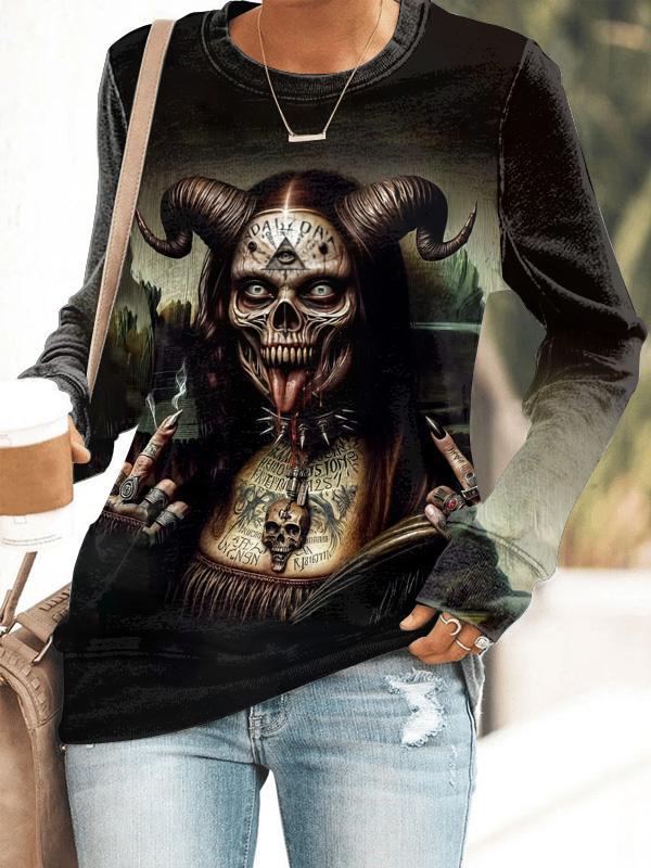 Women's Skull Dark Art Illustration Printed Long Sleeve Sweatshirt.