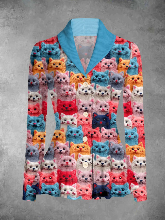 Vintage Cute Cat Embroidery Print Cardigan Sweater Outwear Coat