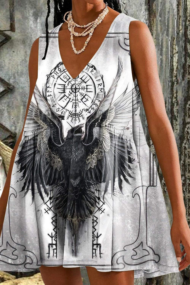 Women's Retro Tribal Crow Viking Vegvisir Print Mini Dress Sundress with Pockets