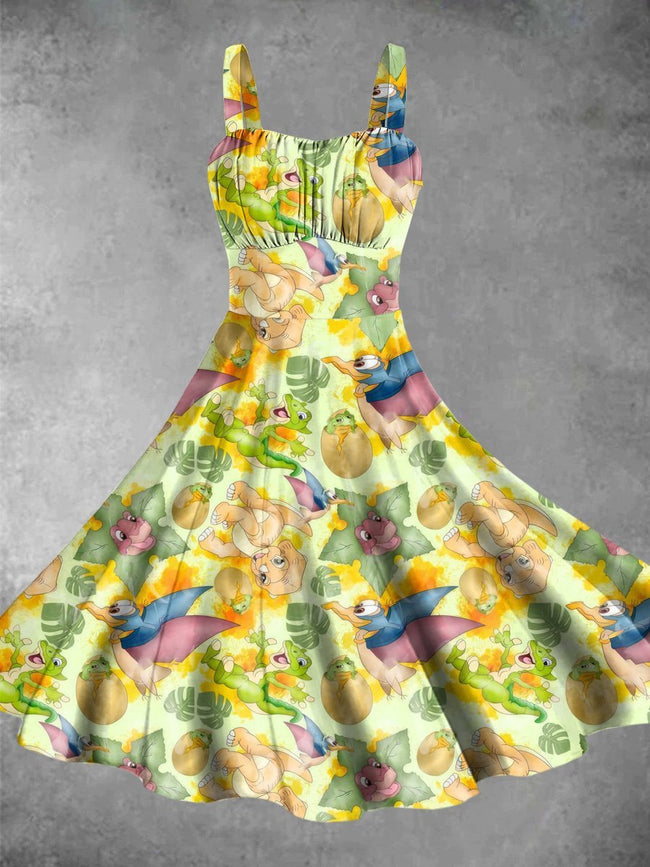 Vintage Cute Little Dinosaur Print Backless Dress