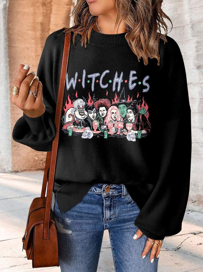 Vintage Witch Print Casual Knit Pullover Sweater