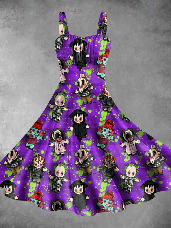 Vintage Q Version Cartoon Image Halloween Print Backless Dress